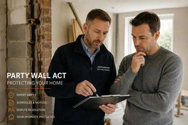 Party wall surveyor Canvey Island discussing extension plans with homeowner outside a UK semi-detached house.